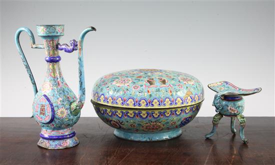 An unusual Chinese Canton enamel set, 19th century, some damages